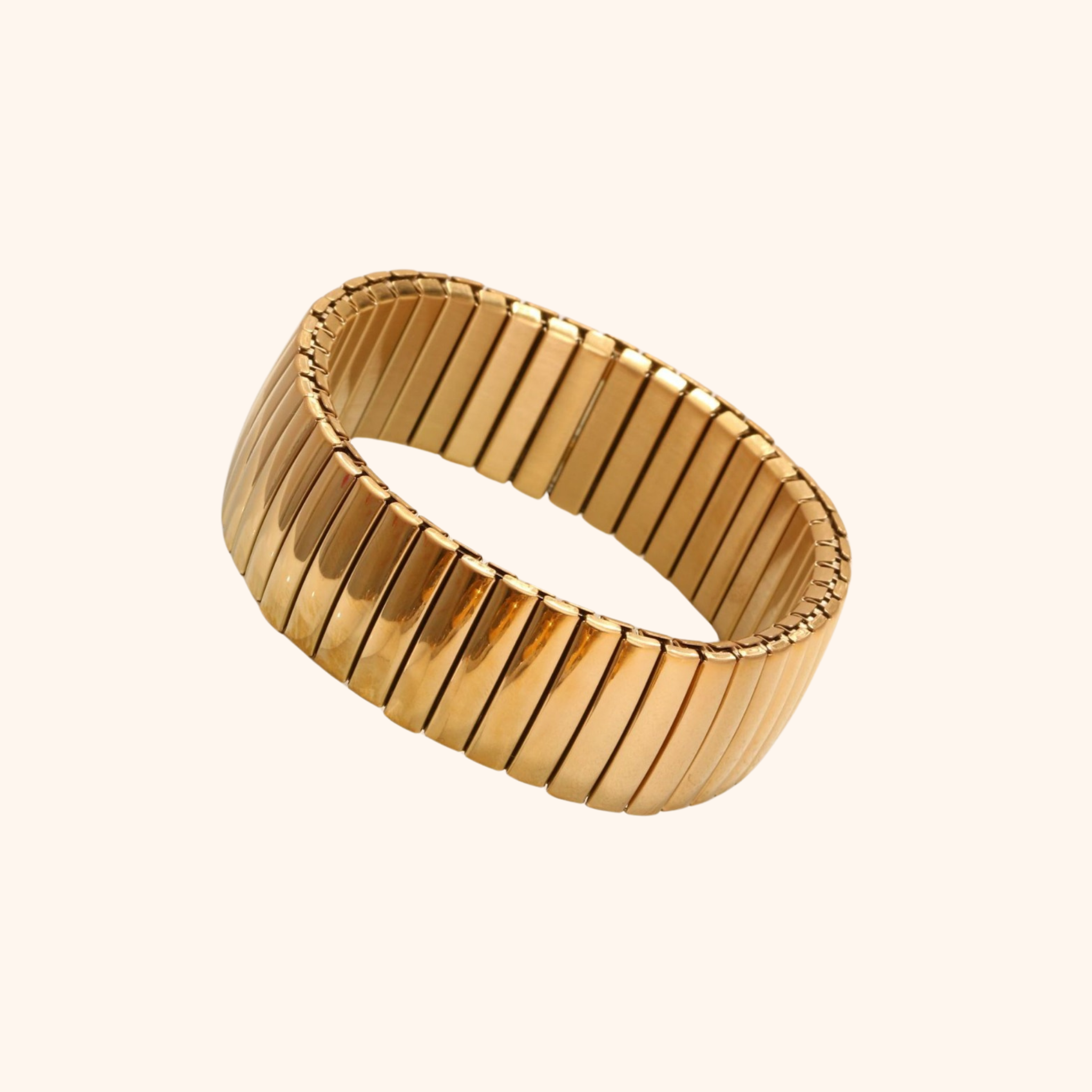 18mm wide 18k gold stretch bracelet with smooth high-shine finish and ribbed texture